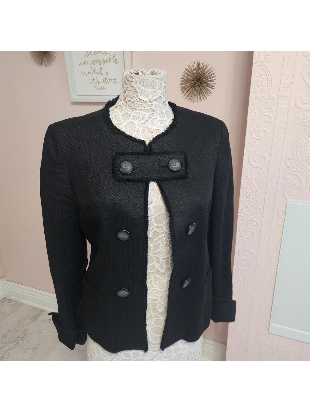Lafayette 148 New York Black Textured Linen Blend Fringe Blazer Jacket 8